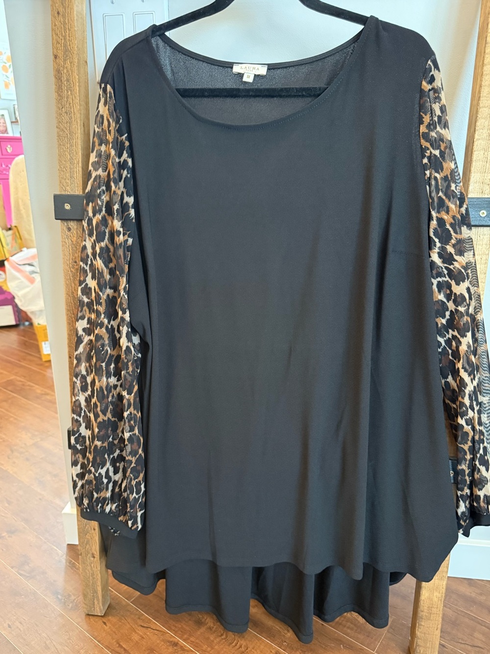 Laura Black Tunic with Leopard-Print Sheer Sleeves